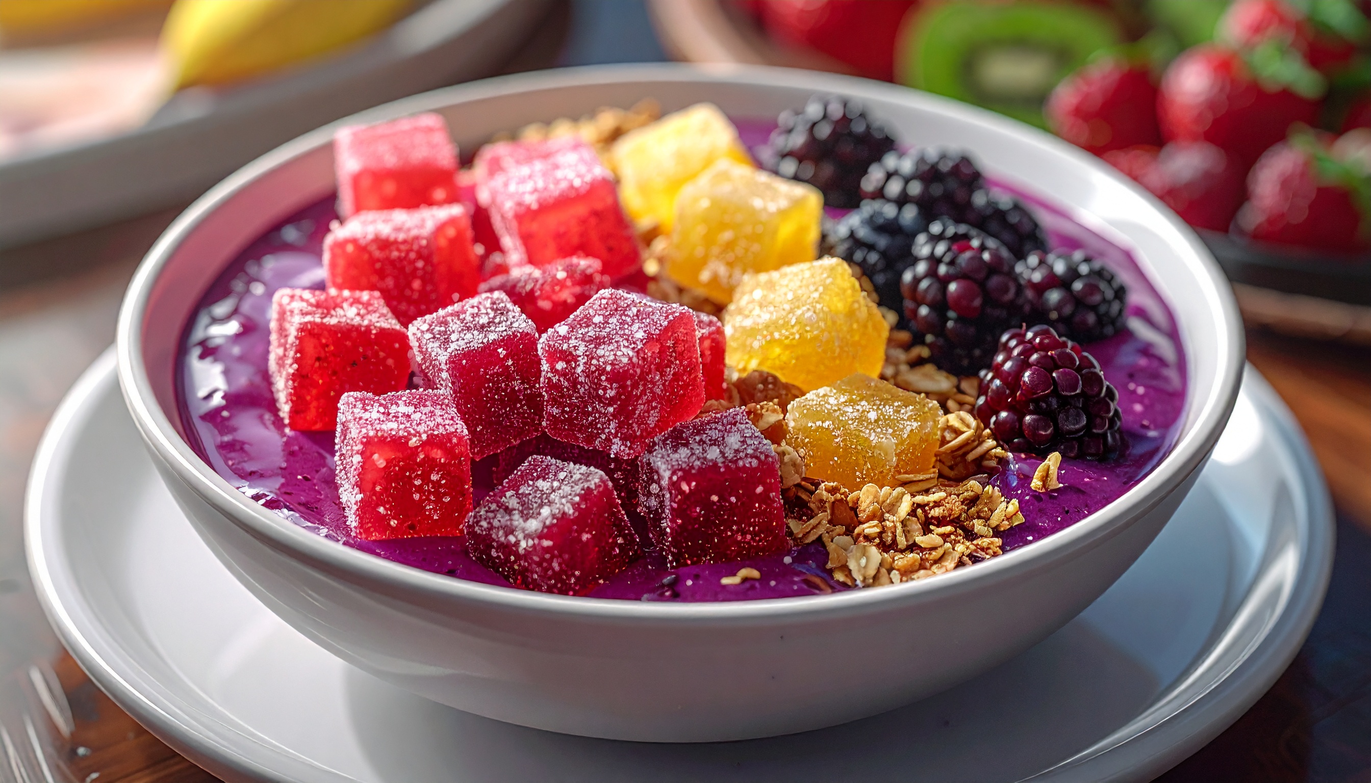 acai bowl with cube shaped sugar coated gummies as topping alongside granola and - Steve's Goods