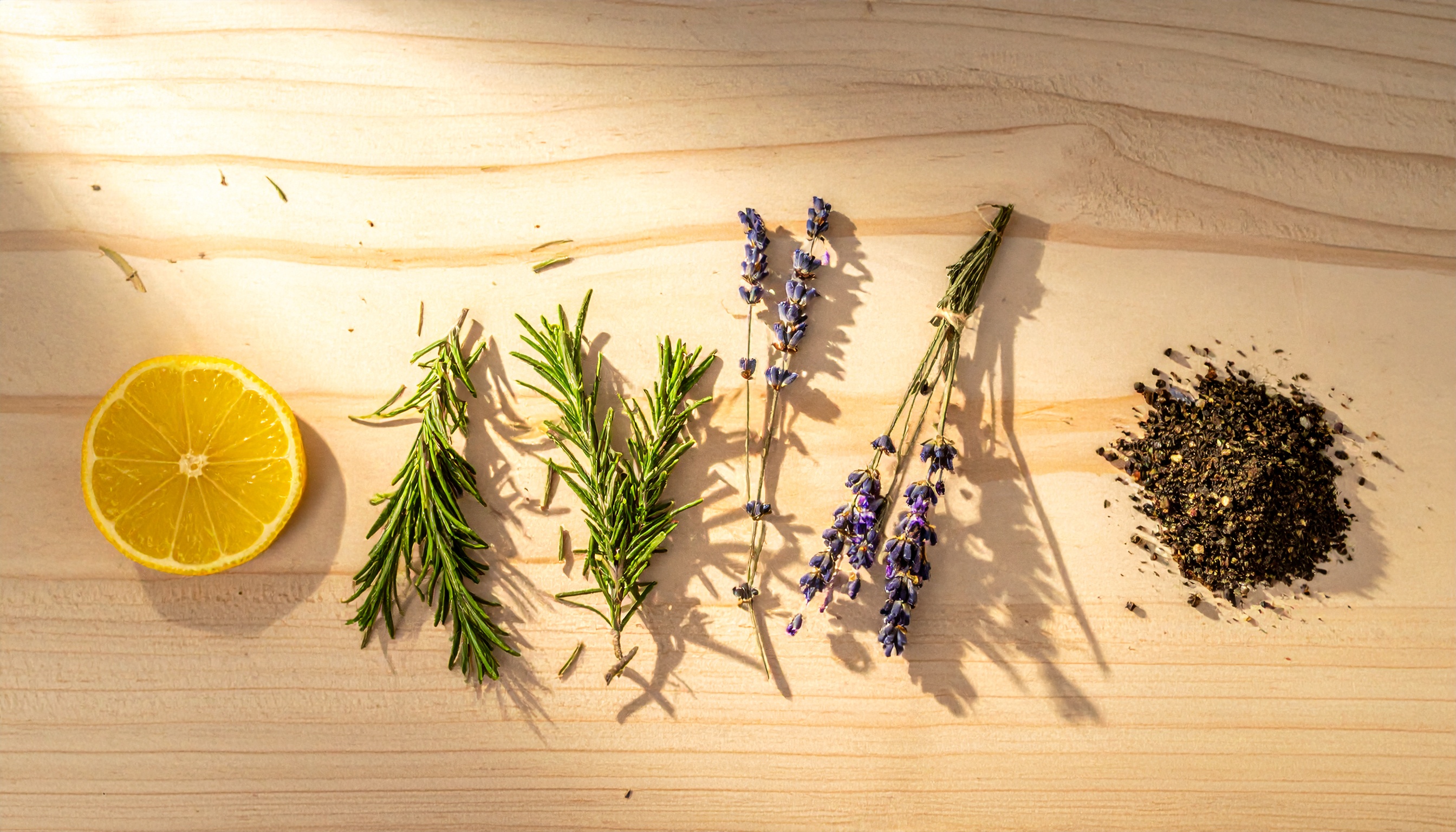 arrangement of aromatic elements lemon peel pine needles lavender pepper repre - Steve's Goods CBD