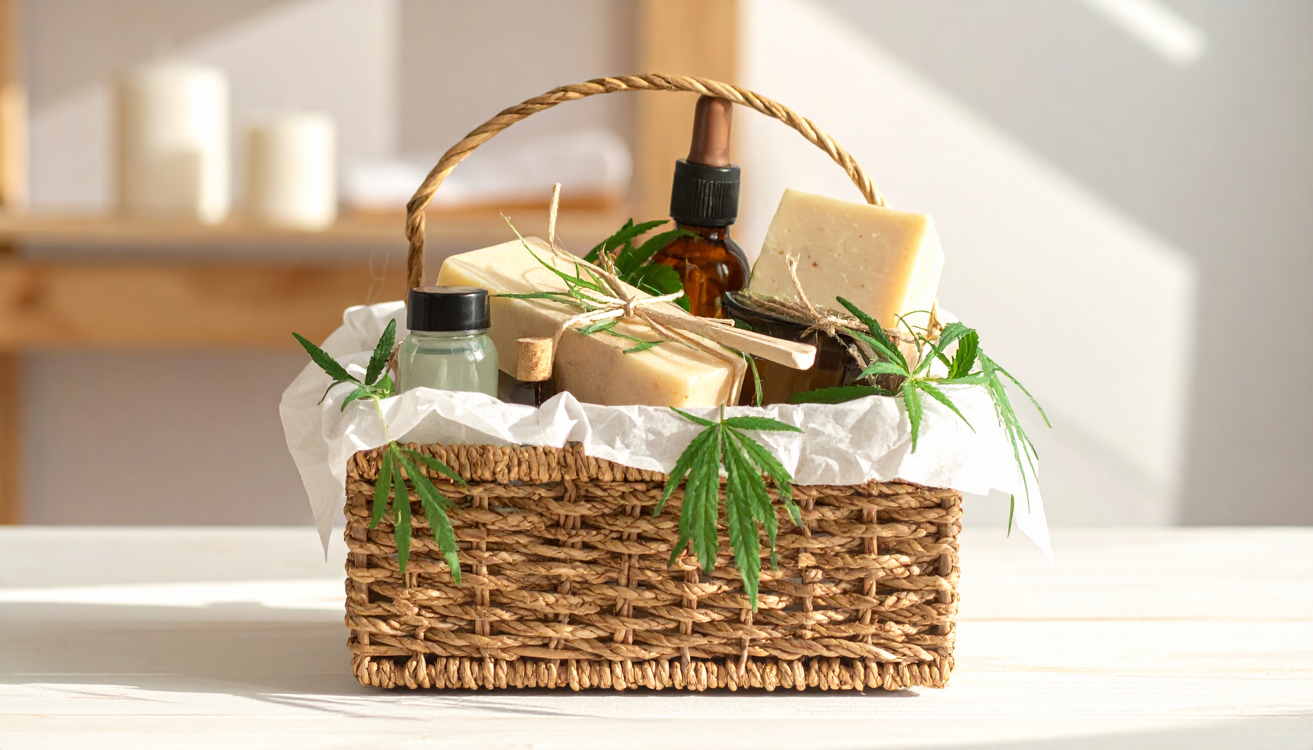 beautifully wrapped wellness gift basket with hemp products  bow and tissue pape - Steve's Goods