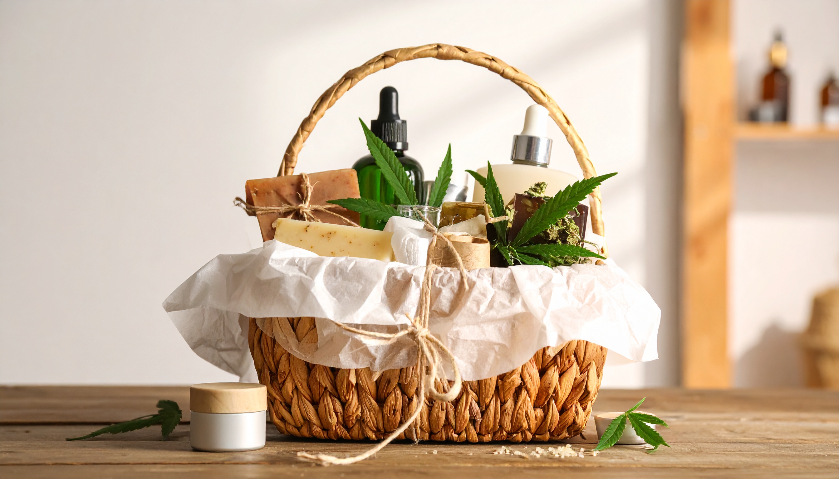beautifully wrapped wellness gift basket with hemp products  bow and tissue pape - Steve's Goods