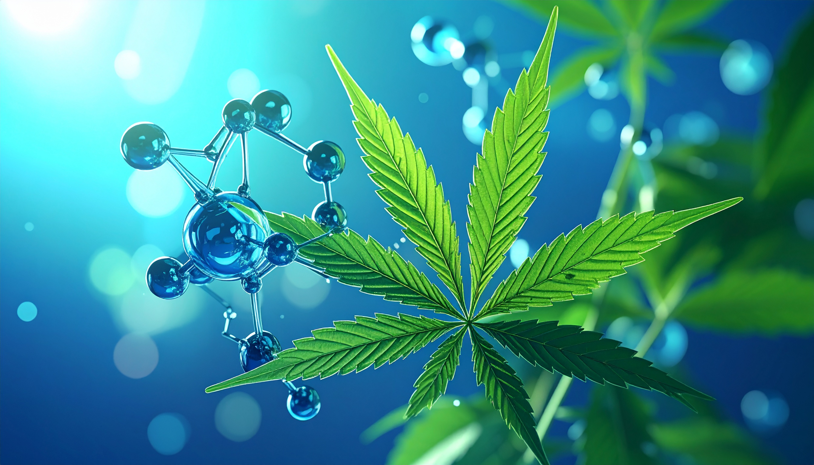cbd molecule 3d render floating over a hemp leaf  scientific but accessible  blu - Steve's Goods