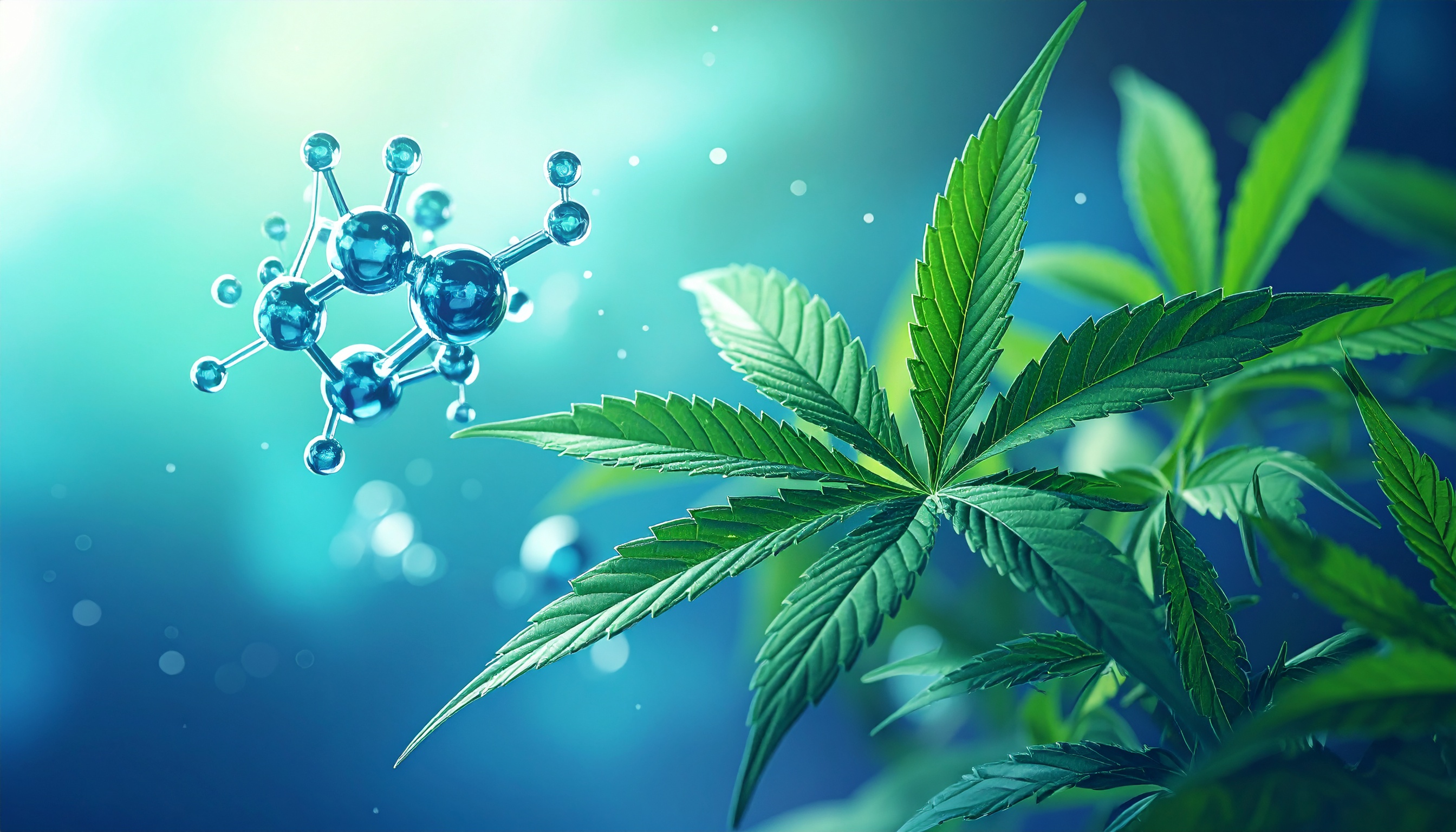 cbd molecule 3d render floating over a hemp leaf  scientific but accessible  blu - Steve's Goods