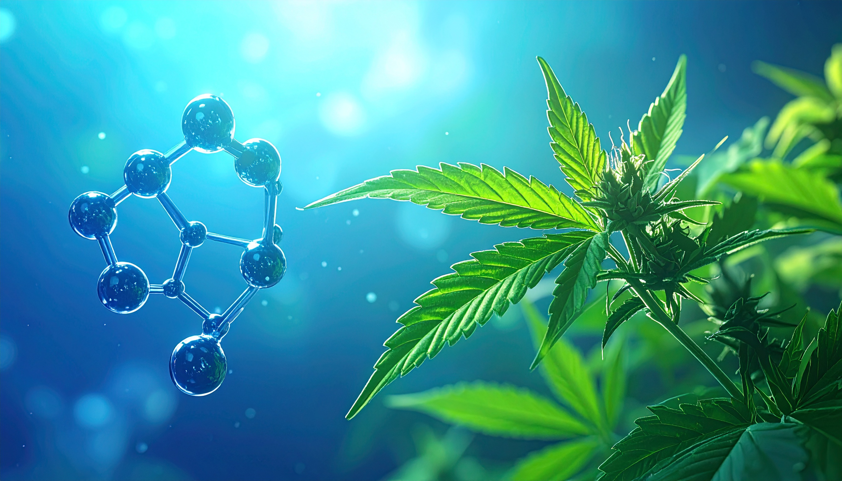 cbd molecule 3d render floating over a hemp leaf  scientific but accessible  blu - Steve's Goods