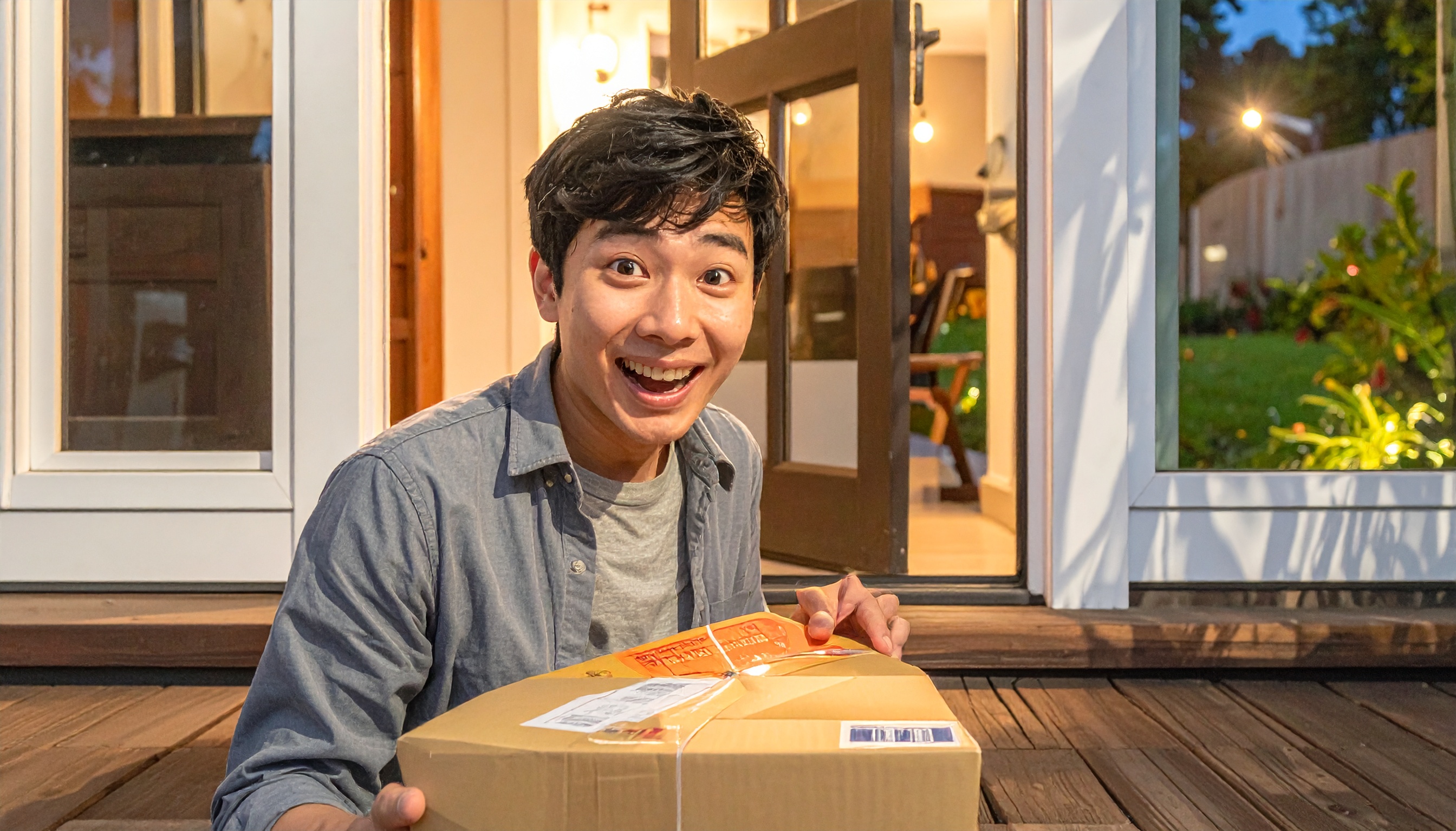 happy customer opening a package at their front door excitement of receiving order - Steve's Goods CBD