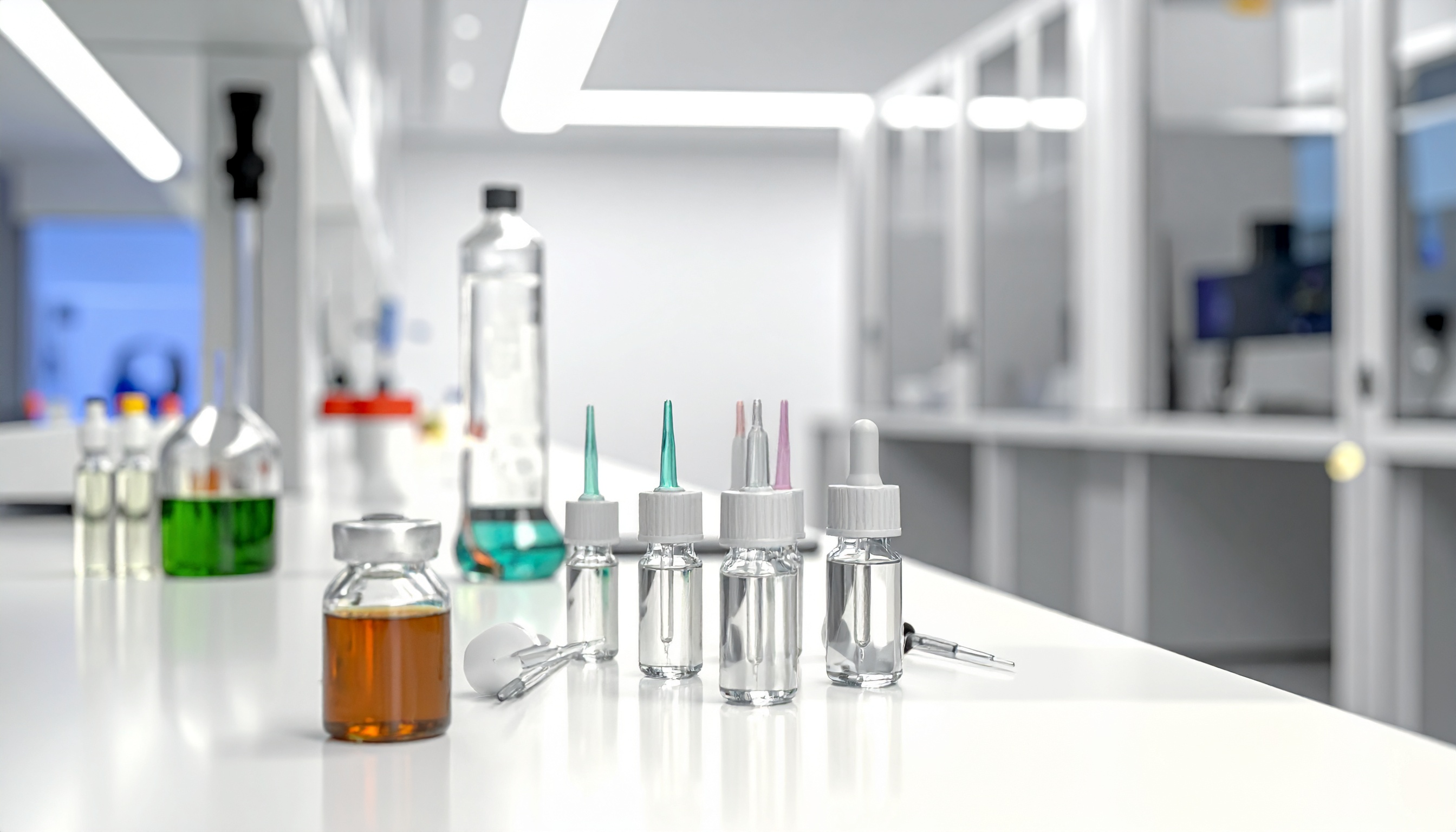 laboratory testing equipment with vials and droppers on a clean white surface precis - Steve's Goods CBD