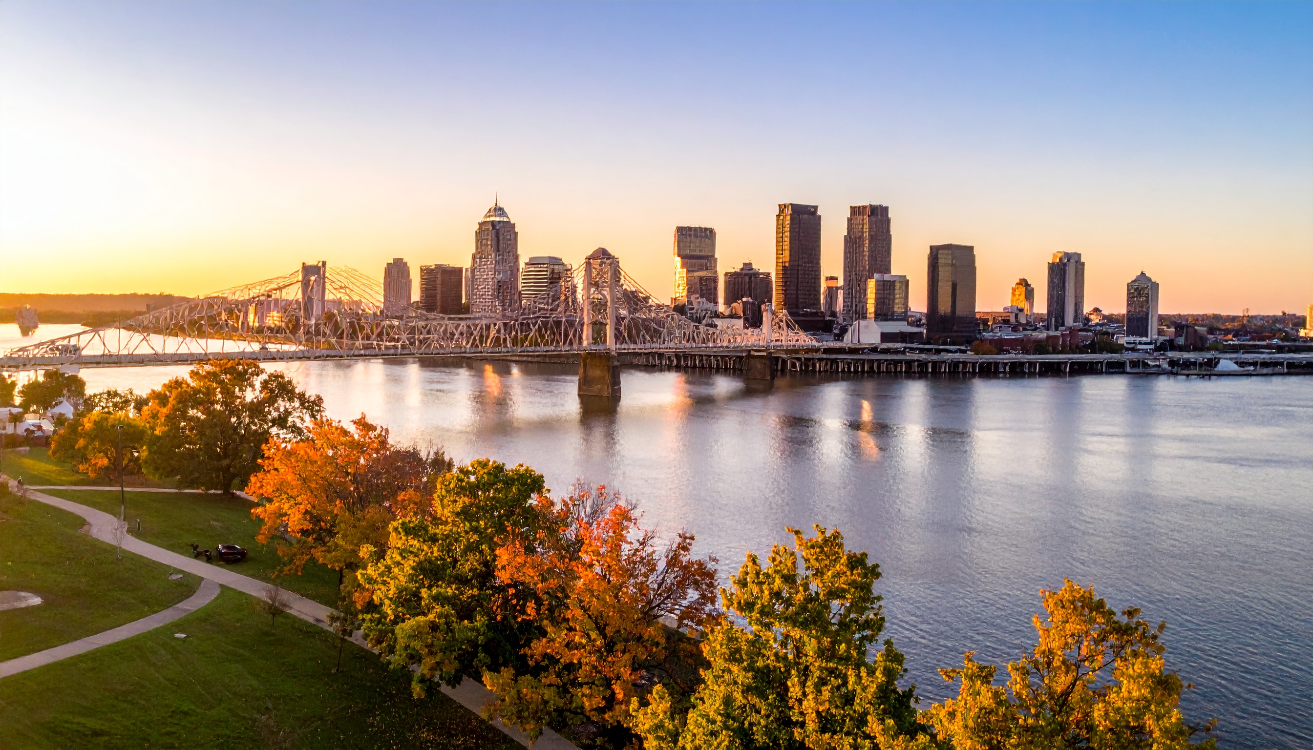 louisville kentucky skyline at golden hour  warm and inviting  hometown pride - Steve's Goods
