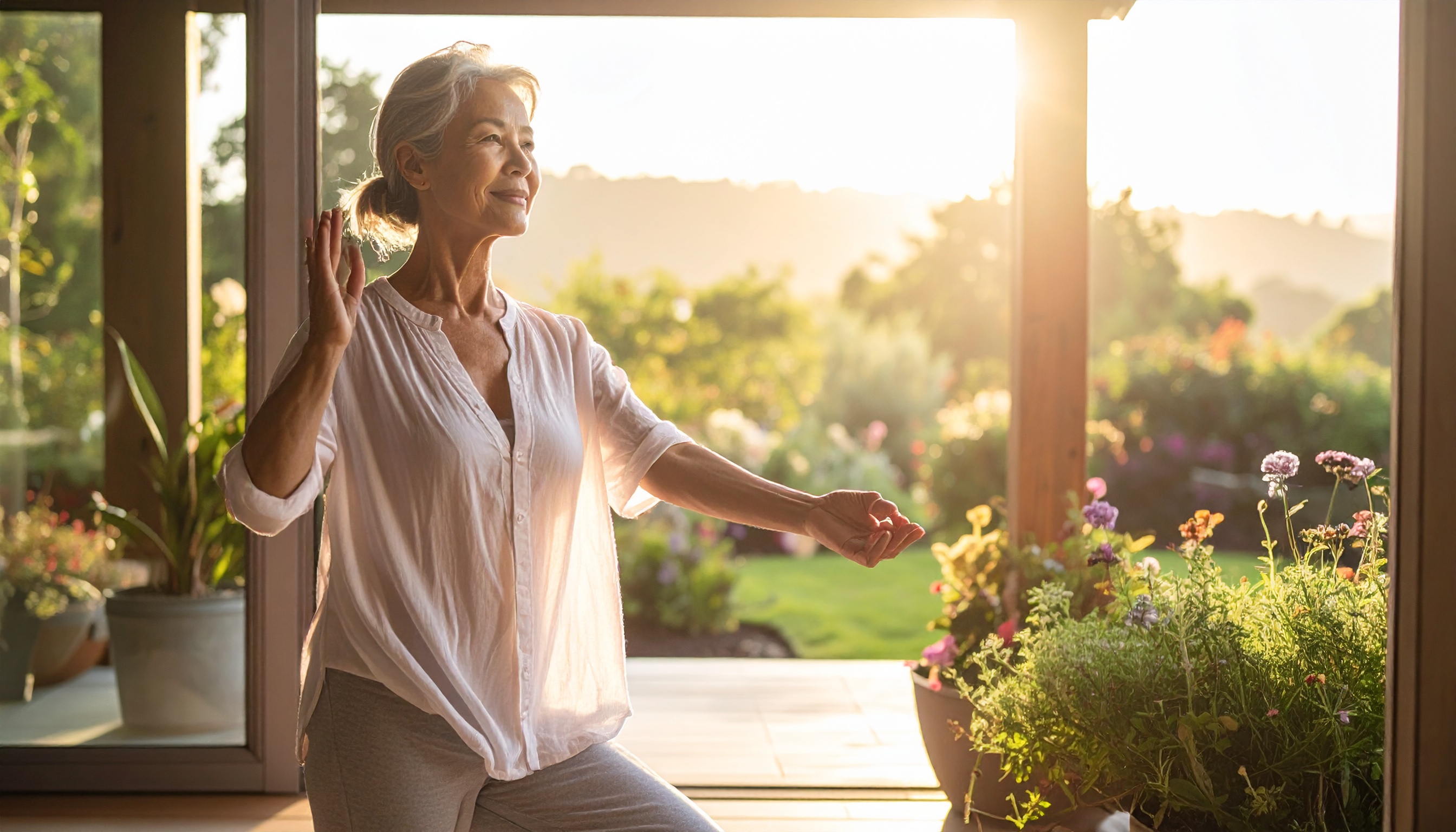 mature woman doing gentle morning yoga on a patio overlooking a garden soft warm sun - Steve's Goods CBD
