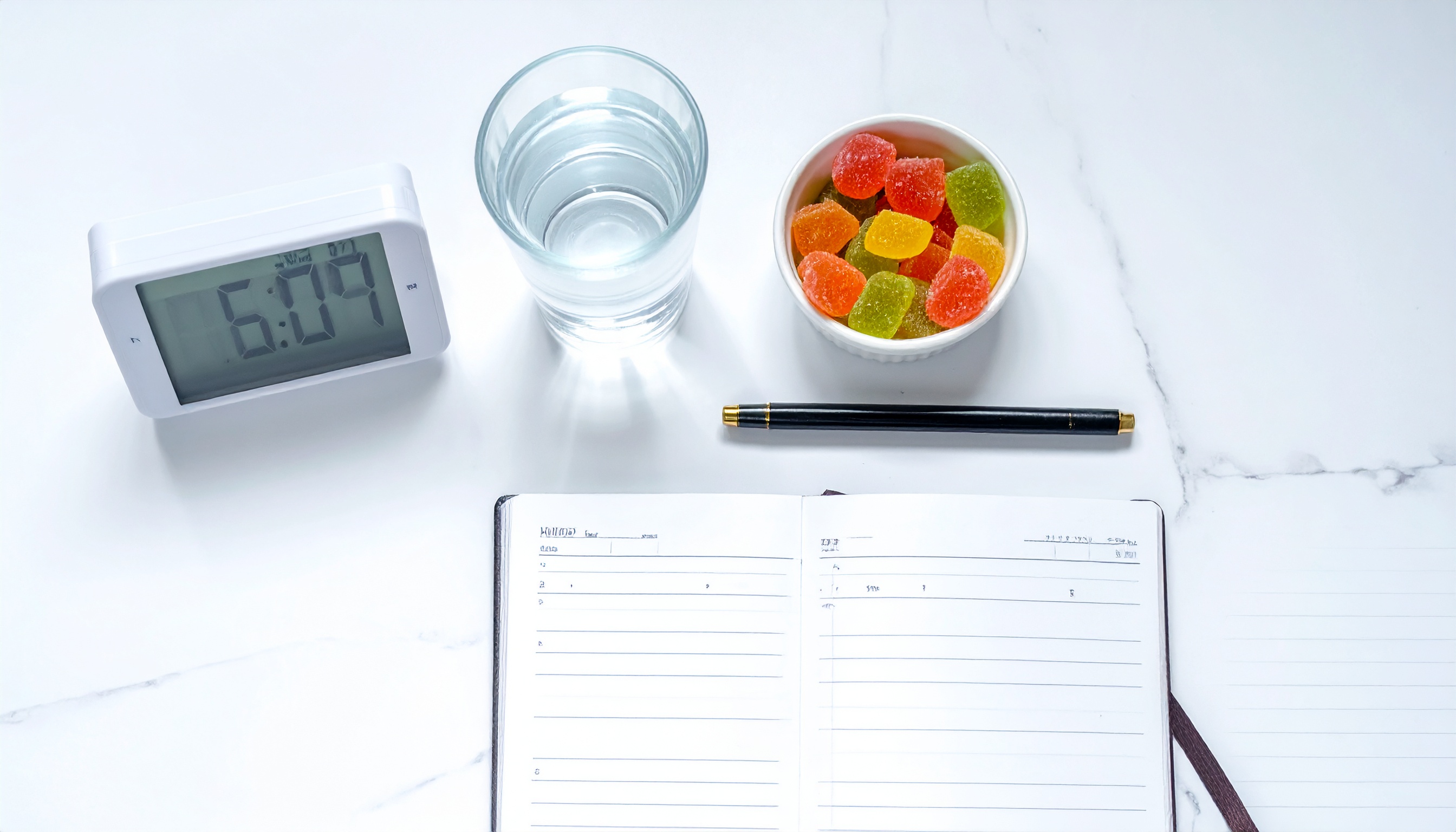 morning routine flat lay alarm clock water glass gummies journal pen organized - Steve's Goods CBD