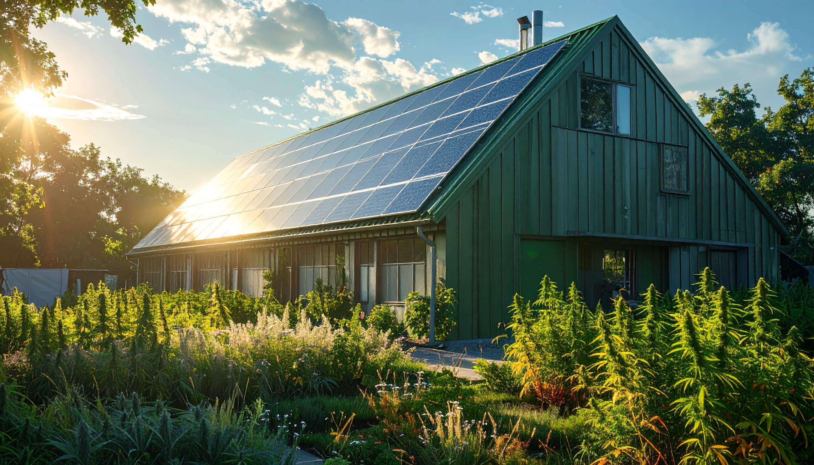 solar panels on a building roof with hemp growing in the garden below  green bus - Steve's Goods