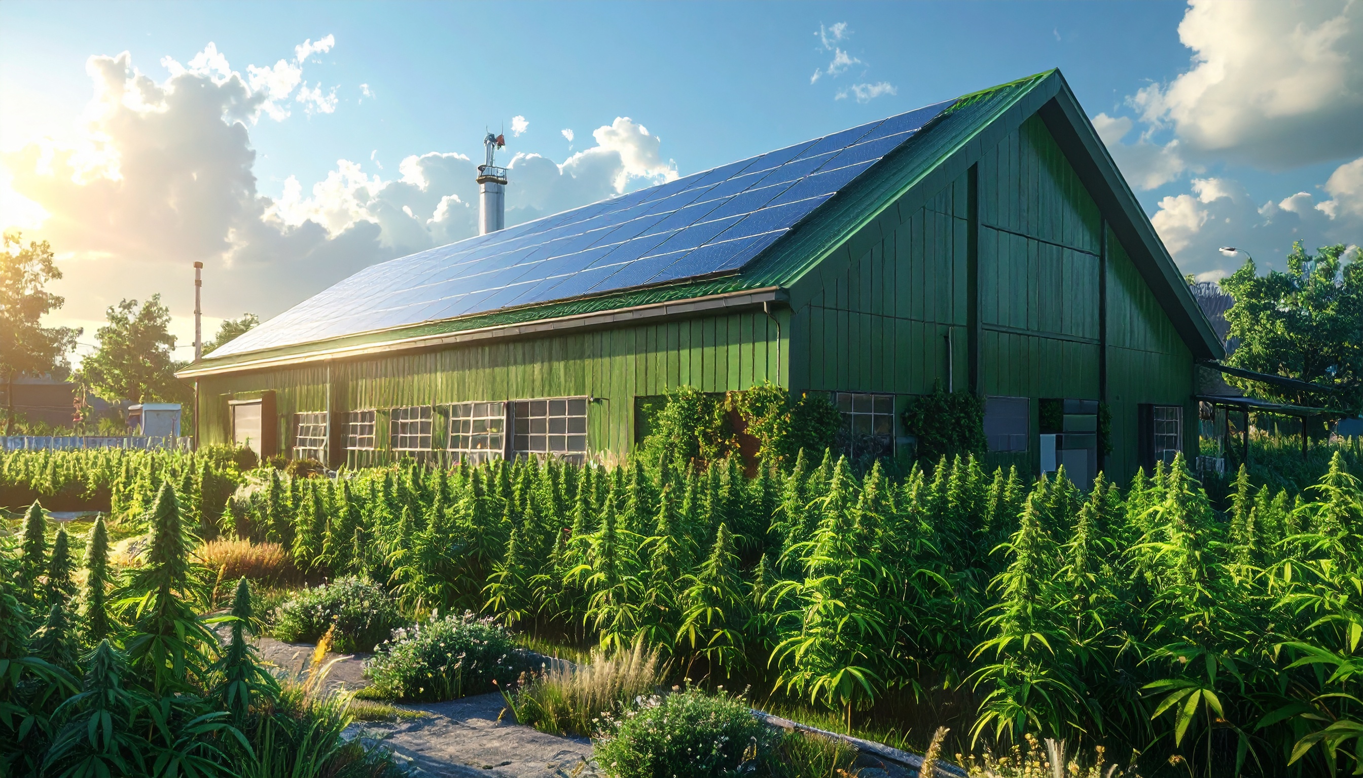 solar panels on a building roof with hemp growing in the garden below  green bus - Steve's Goods