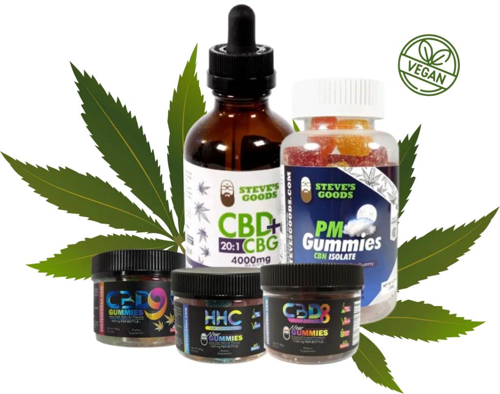 Steve's Goods offers a variety of CBD gummies and a bottle of CBD oil.