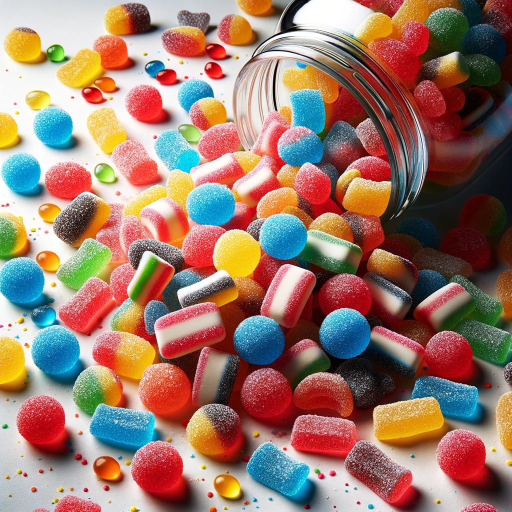 Colorful CBD isolate gummies candy in a jar.