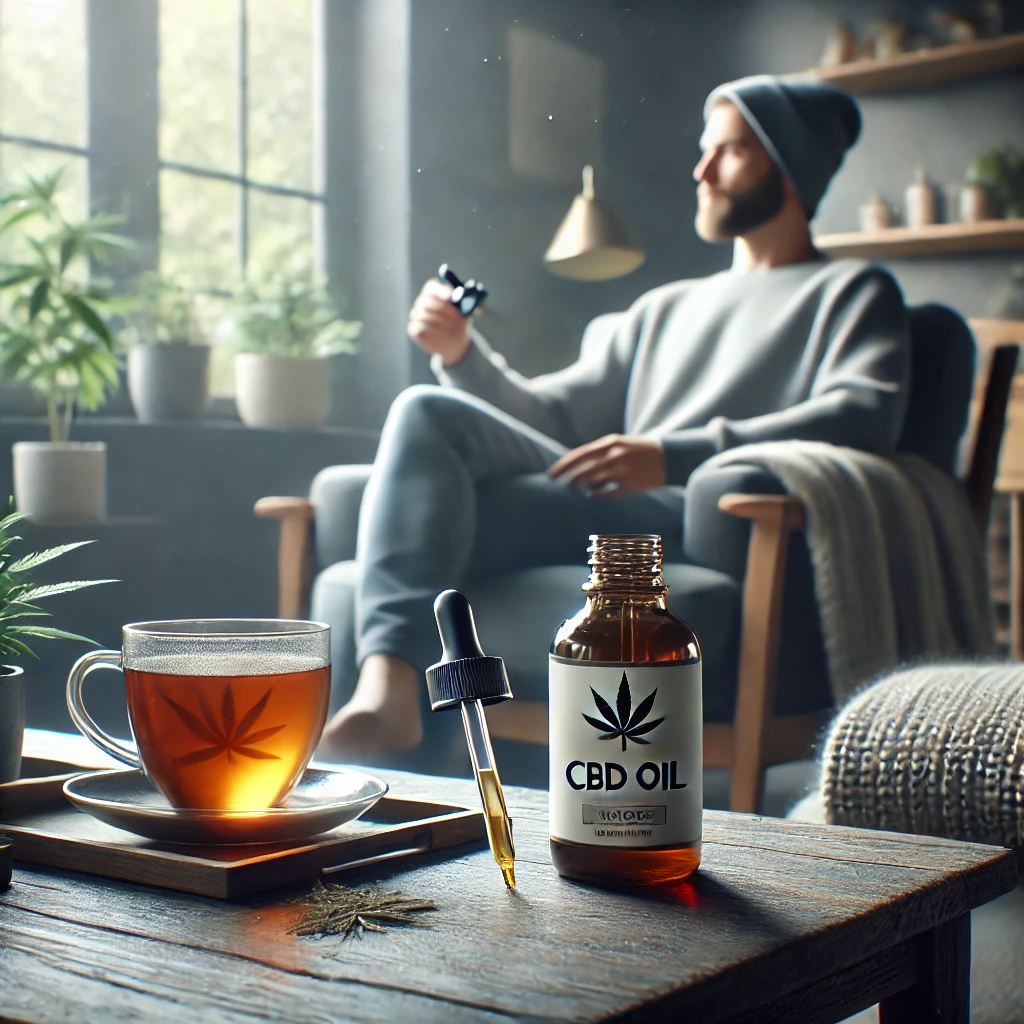 A dropper of CBD oil being placed into a cup of tea, symbolizing its use for stress management and relaxation.